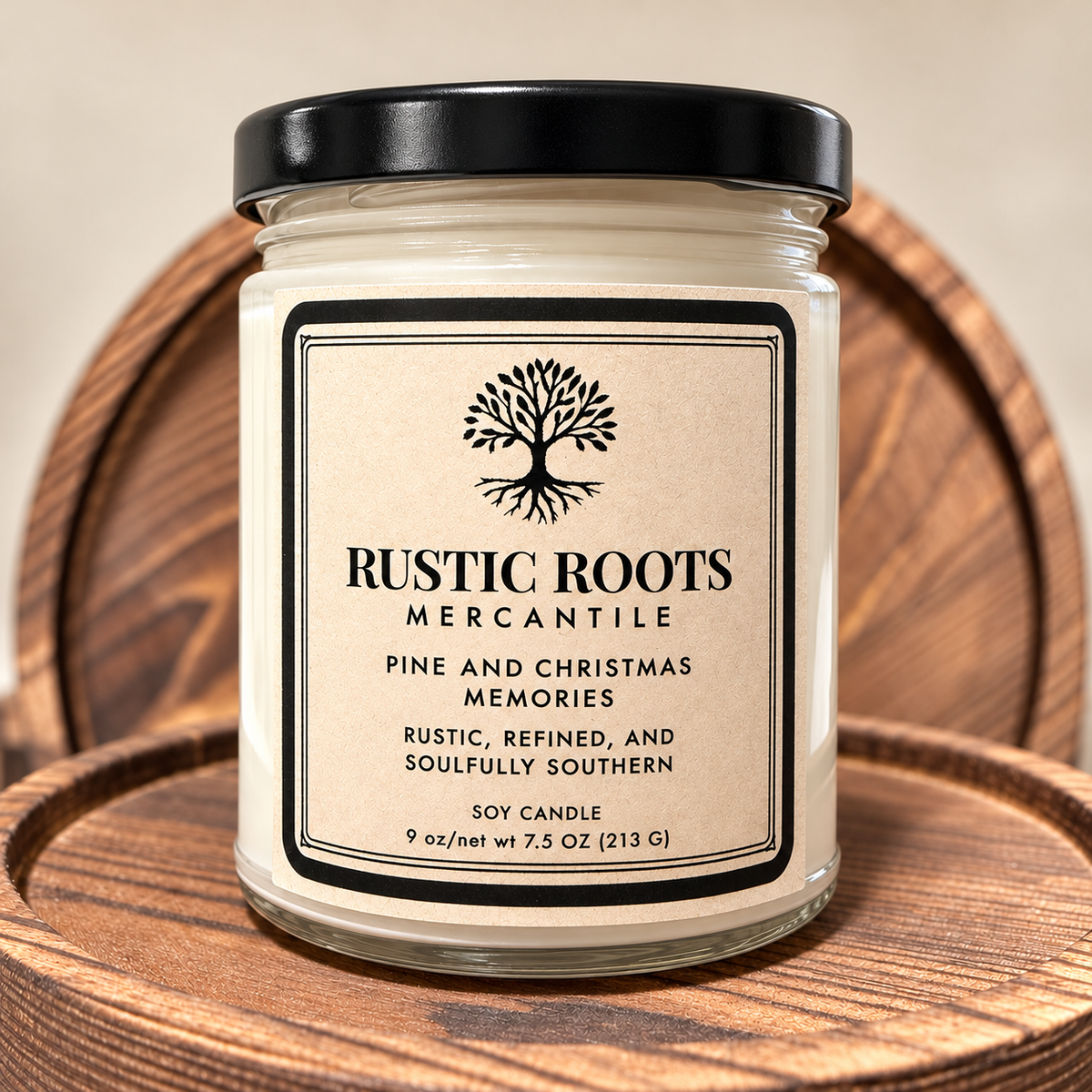Pine and Christmas Memories soy candle with kraft label and black lid on a wooden tray