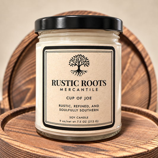 Cup of Joe soy candle in a glass jar with kraft label and black lid on a wooden tray