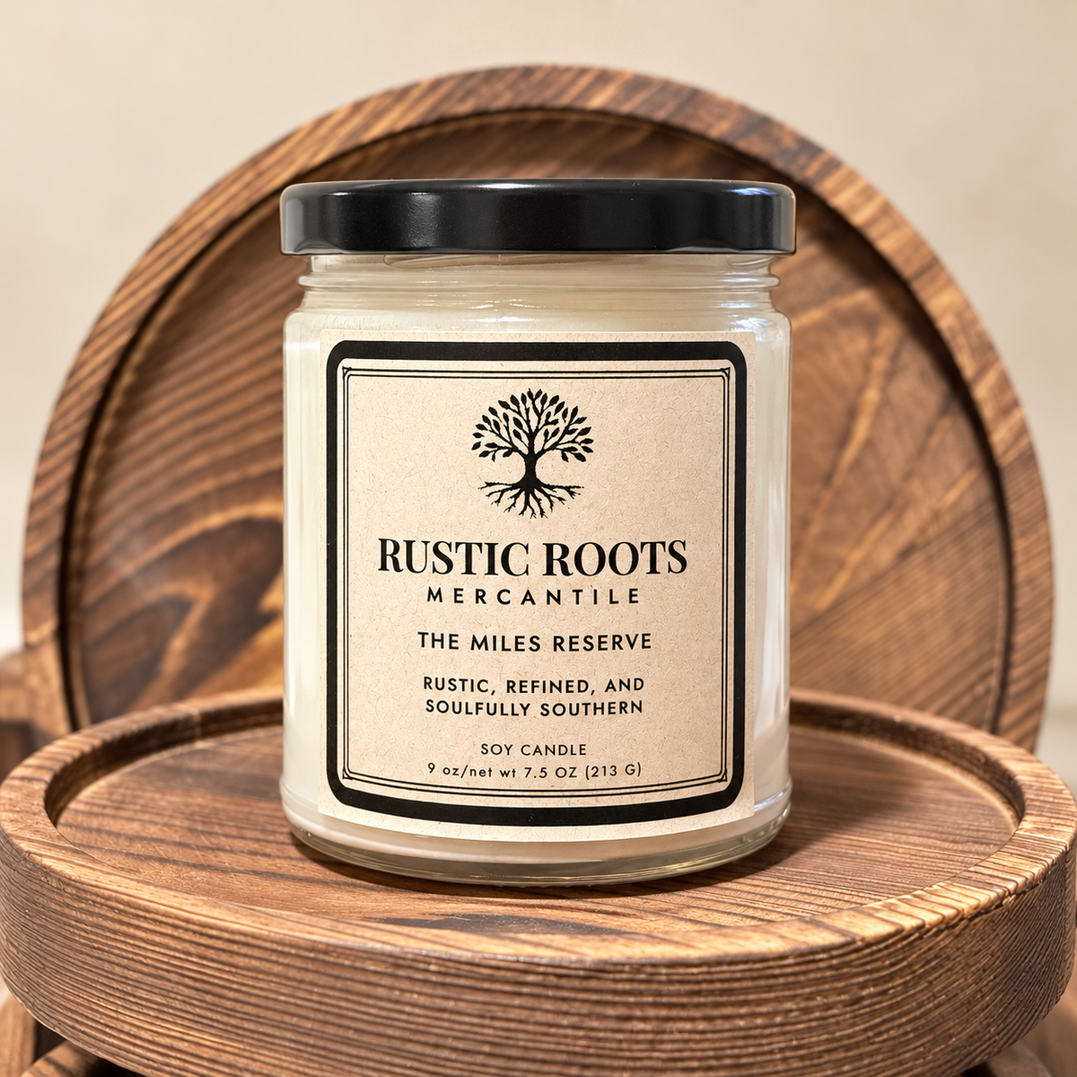 The Miles Reserve soy candle with kraft label and black lid on a wooden tray