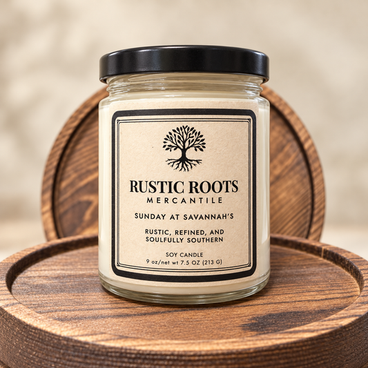 Sunday at Savannah’s soy candle with kraft label and black lid on a wooden tray